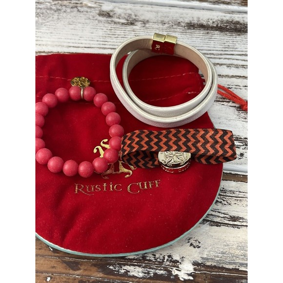 Rustic Cuff‎ 3 Piece Set Bracelets Red Gold Double wrap Beaded - Picture 4 of 4